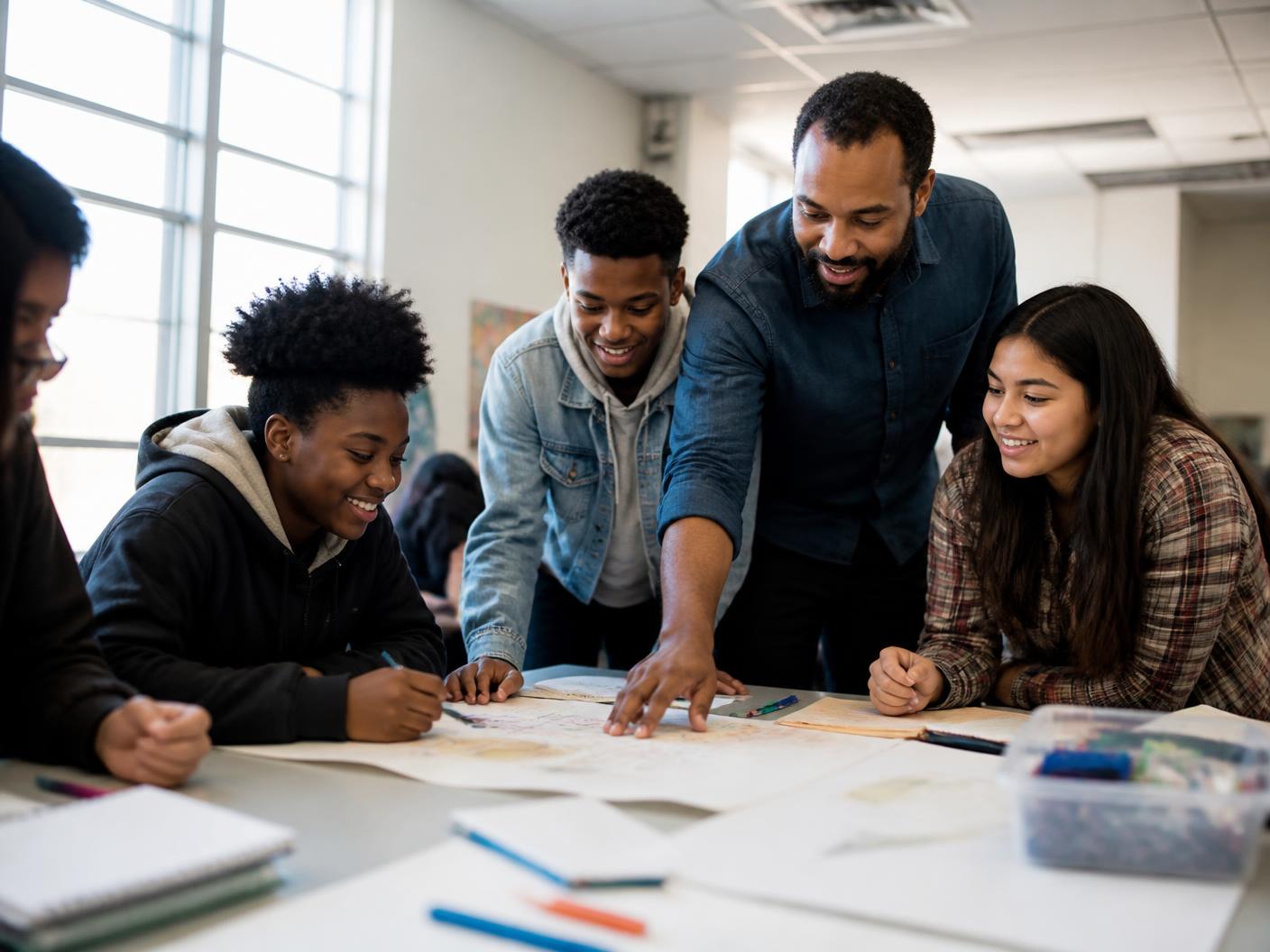 Teen students working with a mentor in a community workshop